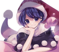 Rule 34 | 1girl, closed mouth, commentary request, doremy sweet, dress, fur-trimmed headwear, fur trim, hat, head on hand, highres, looking at viewer, lying, on stomach, pom pom (clothes), purple eyes, purple hair, red hat, short hair, simple background, smile, solo, toori sototo, touhou, white background, white dress