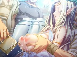 Rule 34 | 1girl, 4boys, armlet, bare shoulders, blonde hair, blush, breasts, breasts out, breasts squeezed together, building, celestine lucullus, censored, circlet, closed eyes, cup, dutch angle, earrings, elf, evil grin, evil smile, faceless, faceless male, game cg, grabbing, grabbing another&#039;s breast, grabbing from behind, grin, groping, halterneck, hikage eiji, holding, humiliation, jewelry, kuroinu ~kedakaki seijo wa hakudaku ni somaru~, lactating into container, lactation, large breasts, long hair, long pointy ears, lots of jewelry, male hand, molestation, mosaic censoring, mug, multiple boys, nexton, nipples, no bra, onlookers, open mouth, outdoors, piercing, pointy ears, public indecency, public nudity, road, saliva, smile, standing, street, sunlight, upper body