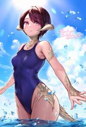 Rule 34 | 1girl, au ra, warrior of light (ff14), blue one-piece swimsuit, breasts, commission, covered navel, day, dragon horns, dragon tail, final fantasy, final fantasy xiv, highleg, highleg swimsuit, highres, horns, looking at viewer, mirukurim, one-piece swimsuit, outdoors, parted bangs, red eyes, red hair, scales, short hair, skeb commission, small breasts, solo, standing, swimsuit, tail, water