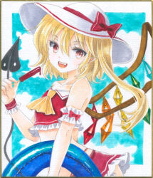 Rule 34 | 1girl, :d, adapted costume, bikini, blonde hair, border, bow, collarbone, commentary request, cowboy shot, flandre scarlet, food, frilled skirt, frills, hajike akira, happy, hat, hat bow, holding, holding food, holding popsicle, medium hair, midriff, off shoulder, open mouth, pointy ears, popsicle, red bikini, red bow, red eyes, red skirt, red wristband, side ponytail, skirt, skirt set, smile, sun hat, swimsuit, teeth, touhou, traditional media, upper teeth only, white border, white hat