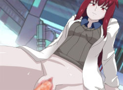 Rule 34 | 1boy, 1girl, censored, chihashi keishuu, clothed sex, cow girl, hetero, lab coat, long hair, mon-musu quest!, pale skin, promestein, red eyes, red hair, solo focus, straddling, vaginal