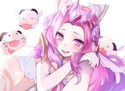 Rule 34 | 1girl, :d, bare shoulders, detached sleeves, flower, hair flower, hair ornament, highres, league of legends, long hair, nail polish, nakiyande, open mouth, pink eyes, pink flower, pink hair, pink nails, poro (league of legends), seraphine (league of legends), shiny skin, smile, solo, teeth, tongue, tongue out, upper teeth only