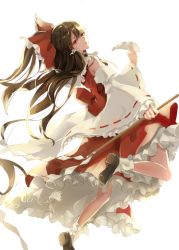 Rule 34 | 1girl, bare arms, bare shoulders, black footwear, black hair, bow, commentary request, detached sleeves, dress, frilled bow, frills, gohei, hair between eyes, hair bow, hakurei reimu, half updo, holding, long hair, long sleeves, looking at viewer, parted lips, petticoat, red bow, red dress, red eyes, shironeko yuuki, shoes, short dress, simple background, socks, solo, touhou, white background, white socks, wide sleeves