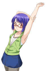 Rule 34 | 1girl, arm up, armpits, arms up, bare arms, bare shoulders, blue hair, blue skirt, blush, character request, collarbone, commentary request, cowboy shot, cropped legs, denim, denim skirt, glasses, green hoodie, grey pantyhose, hand on own arm, hand up, hood, hoodie, light blush, light smile, looking at viewer, open clothes, open hoodie, orange eyes, original, pantyhose, red-framed eyewear, semi-rimless eyewear, shimotsuki iko, short hair, simple background, skirt, sleeveless, sleeveless hoodie, smile, solo, tank top, under-rim eyewear, upper body, white background, white tank top