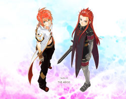 Rule 34 | 00s, 2boys, asch (tales), copyright name, fingerless gloves, gloves, green eyes, long hair, luke fon fabre, male focus, multiple boys, red hair, ri (6916), surcoat, sword, tales of (series), tales of the abyss, weapon