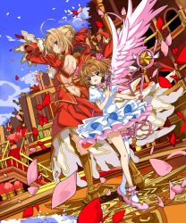 Rule 34 | 10s, 2girls, aestus domus aurea, aestus estus, armor, armored boots, asymmetrical legwear, back-to-back, backless dress, backless outfit, blonde hair, blue sky, boots, braid, brown hair, cardcaptor sakura, closed mouth, clow card, crossover, day, dress, dutch angle, epaulettes, fate/extra, fate (series), french braid, frills, green eyes, hair bun, hair intakes, hand up, highres, holding, holding staff, holding sword, holding weapon, hoshi no tsue, kinomoto sakura, mismatched legwear, multiple girls, name connection, nero claudius (fate), nero claudius (fate) (all), nero claudius (fate/extra), outdoors, parted lips, petals, red dress, rose petals, shino (eefy), sidelocks, single hair bun, single sock, single thighhigh, sky, smile, socks, staff, stairs, standing, sword, tange sakura, thighhighs, voice actor connection, weapon, white dress, white legwear, wind, wings