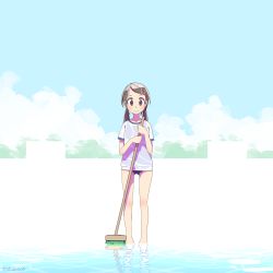 Rule 34 | 1girl, artist name, bare legs, barefoot, blouse, blue sky, blush, broom, brown eyes, brown hair, closed mouth, cloud, commentary, dated commentary, day, empty pool, female focus, flat chest, full body, gym shirt, gym uniform, hair ornament, hairclip, highres, holding, holding broom, looking at viewer, low twintails, medium hair, one-piece swimsuit, original, outdoors, pool, school swimsuit, shallow water, shapoco, shirt, short sleeves, sky, smile, solo, standing, swimsuit, swimsuit under clothes, t-shirt, twintails, twitter username, wading, water, wet, wet clothes, wet shirt, white shirt