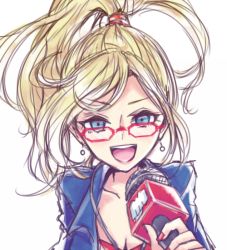 Rule 34 | 1girl, alternate costume, bespectacled, blonde hair, blue eyes, earrings, forecast janna, glasses, janna (league of legends), jewelry, league of legends, long hair, looking at viewer, messy hair, microphone, nail polish, open mouth, ponytail, red-framed eyewear, shimatta, solo