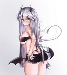 Rule 34 | 1girl, ass, black shorts, black tube top, blue eyes, blush, breasts, commentary, demon horns, demon tail, demon wings, english commentary, grey hair, highres, horns, large breasts, long hair, looking at viewer, looking back, low wings, s7nsles, short shorts, shorts, sideboob, strapless, tail, tube top, vei (vtuber), vei (vtuber) (9th costume), virtual youtuber, vshojo, wings