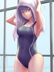Rule 34 | 1girl, ^^^, arms up, black hair, black one-piece swimsuit, breasts, brown eyes, collarbone, commentary request, competition swimsuit, highres, long hair, looking at viewer, medium breasts, one-piece swimsuit, original, paitan oishii, solo, standing, swimsuit, towel, towel on head