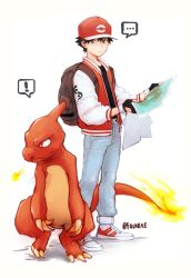 Rule 34 | !, ..., 1990s (style), 1boy, artist name, backpack, bag, baseball cap, belt, black hair, breath weapon, breathing fire, charmeleon, creatures (company), denim, fingerless gloves, fire, flame-tipped tail, full body, game freak, gen 1 pokemon, gloves, grey eyes, hat, highres, holding, holding paper, jacket, jeans, letterman jacket, looking at another, male focus, map, nintendo, open clothes, open jacket, pants, paper, pokemon, pokemon (creature), pokemon rgby, raw gummy, red (pokemon), red eyes, retro artstyle, shoes, simple background, sneakers, spoken ellipsis, spoken exclamation mark, twitter username, white background