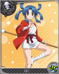 Rule 34 | 10s, 1girl, alternate hairstyle, artist request, blue hair, brown eyes, card (medium), character name, chess piece, haori, happi, high school dxd, japanese clothes, jpeg artifacts, mira (high school dxd), obi, official art, orange background, pawn (chess), sash, solo, staff, trading card