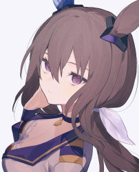 Rule 34 | 1girl, absurdres, admire vega (umamusume), animal ears, breasts, choker, cleavage, grey background, hand up, highres, horse ears, jacket, long hair, looking at viewer, low ponytail, medium breasts, parted lips, potato (potato 621), purple eyes, shirt, simple background, solo, starting future (umamusume), umamusume, upper body, white jacket, white shirt