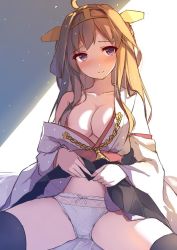 Rule 34 | 10s, 1girl, aiguillette, areola slip, bare shoulders, black skirt, blush, breasts, brown hair, caidychen, cameltoe, cleavage, clothes lift, collarbone, cowboy shot, detached sleeves, double bun, filigree, hair bun, headband, kantai collection, kongou (kancolle), lace, lace panties, lanyard, large breasts, long hair, looking at viewer, nontraditional miko, open clothes, open shirt, panties, partially open shirt, petticoat, purple eyes, raised eyebrows, shirt, shirt slip, sitting, sketch, skirt, skirt lift, smile, solo, spread legs, thighhighs, underwear, white panties