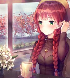Rule 34 | 1girl, absurdres, autumn, autumn leaves, braid, breasts, chair, coffee, day, flower, green eyes, han seol, hand up, hat, highres, huge filesize, indoors, jewelry, locket, long sleeves, medium breasts, necklace, pendant, sitting, smile, sweater, twin braids, vase, white flower, window