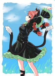 Rule 34 | animal ears, black bow, black dress, black ribbon, bow, bubble, cat ears, cat girl, cat tail, chups, closed mouth, dress, extra ears, fang, frilled dress, frilled sleeves, frills, green frills, highres, kaenbyou rin, looking at viewer, multiple tails, outdoors, red eyes, red hair, red neckwear, ribbon, sky, solo, stretching, tail, touhou, two tails