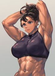 Rule 34 | 1girl, abs, armpits, arms behind head, black hair, dark skin, highres, looking to the side, mikel (4hands), muscular, muscular female, original, pink eyes, ponytail, simple background, solo, tank top