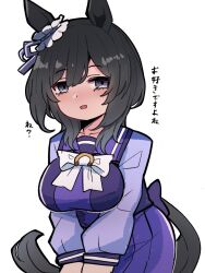 Rule 34 | 1girl, alternate eye color, animal ears, black hair, blush, bow, breasts, commentary request, cowboy shot, ear ornament, eishin flash (umamusume), grey eyes, hair between eyes, horse ears, horse girl, horse tail, kawamochi (tddm3573), large breasts, long sleeves, looking at viewer, open mouth, pleated skirt, purple serafuku, purple shirt, purple skirt, sailor collar, school uniform, serafuku, shirt, short hair, simple background, skirt, smile, solo, tail, translation request, umamusume, white background, white bow, winter uniform