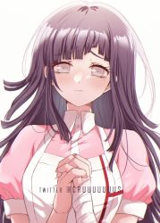 Rule 34 | 1girl, apron, bandaged arm, bandages, black hair, blush, breasts, closed mouth, commentary, criis-chan, danganronpa (series), danganronpa 2: goodbye despair, dress, large breasts, long hair, looking at viewer, mole, mole under eye, nurse, own hands clasped, own hands together, pink dress, pink eyes, puffy short sleeves, puffy sleeves, purple eyes, purple hair, short sleeves, solo, symbol-only commentary, tsumiki mikan, twitter username, upper body
