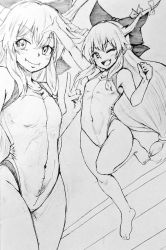 Rule 34 | 1girl, arm up, bare legs, barefoot, bow, breasts, closed mouth, commentary request, competition swimsuit, covered navel, d-m (dii emu), fangs, greyscale, hair bow, horns, ibuki suika, leg up, long hair, looking at viewer, monochrome, multiple views, one-piece swimsuit, one eye closed, oni horns, small breasts, swimsuit, touhou, traditional media, v, very long hair