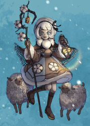 Rule 34 | 1girl, absurdres, bell, black ribbon, blue background, blue eyes, boots, brown capelet, brown dress, brown footwear, brown gloves, capelet, chenovellia, cookie run, cotton boll, cotton cookie, dress, fingerless gloves, full body, fur-trimmed dress, fur-trimmed sleeves, fur hat, fur trim, gloves, hat, hat ribbon, highres, holding, holding lantern, holding staff, humanization, knee boots, lantern, long sleeves, looking at viewer, parted lips, ribbon, sheep, shepherd, shepherd&#039;s crook, short bangs, short hair, smile, snowing, solo, staff, standing, standing on one leg, white hair