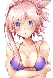Rule 34 | 1girl, asymmetrical hair, bikini, blush, breasts, cleavage, collarbone, crossed arms, earrings, fate/grand order, fate (series), hair between eyes, highres, jewelry, long hair, looking at viewer, medium breasts, miyamoto musashi (fate), open mouth, pink hair, purple bikini, samoore, shiny clothes, sideboob, solo, swimsuit, underboob, upper body, white background