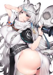 Rule 34 | 1girl, absurdres, animal ear fluff, animal ears, arknights, ass, bell, belt, black panties, blush, braid, breasts, cowboy shot, dress, grey eyes, hair between eyes, head chain, highres, holding, holding bell, ia (ias1010), jewelry, large breasts, leopard ears, leopard tail, long hair, long sleeves, looking at viewer, multiple belts, necklace, panties, pramanix (arknights), silver hair, skindentation, solo, standing, tail, thighhighs, thighs, turtleneck, twin braids, twisted torso, underwear, very long hair