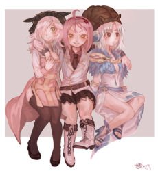 Rule 34 | 3girls, ahoge, alternate color, arch bishop (ragnarok online), argyle, argyle clothes, argyle dress, black headwear, black necktie, black thighhighs, blazer, blush, boots, breasts, brown horns, brown skirt, buubuu (loli69), chinese commentary, cleavage, cleavage cutout, closed mouth, clothing cutout, collared shirt, commentary request, cross, cross-laced footwear, dated, detached sleeves, dress, fake horns, full body, fur collar, garter straps, genetic (ragnarok online), green eyes, grin, hair between eyes, hair over one eye, horns, jacket, looking at viewer, medium breasts, medium hair, multiple girls, necktie, official alternate costume, pelvic curtain, pink hair, ragnarok online, red eyes, red shirt, sandals, sash, shirt, short hair, side slit, sitting, skirt, sleeveless, sleeveless dress, small breasts, smile, sorcerer (ragnarok online), thighhighs, two-tone dress, white dress, white footwear, white hair, white jacket, white sleeves, yellow eyes, yellow sash