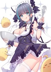 Rule 34 | 1girl, :q, apron, ass, azur lane, bird, black hair, blunt bangs, bowl, breasts, cheshire (azur lane), chick, cleavage, commentary request, detached sleeves, green eyes, highres, holding, holding bowl, holding whisk, large breasts, looking at viewer, maid, maid apron, maid headdress, manjuu (azur lane), medium breasts, medium hair, multicolored hair, short sleeves, sidelocks, solo, streaked hair, t@ke-g, thighhighs, tongue, tongue out, two-tone hair, whisk, white background, white thighhighs, wrist cuffs