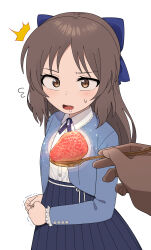 Rule 34 | 1boy, 1girl, ^^^, blue jacket, blue skirt, blush, bow, brown hair, clenched hands, drooling, flying sweatdrops, food, fruit, hair bow, highres, holding, holding spoon, idolmaster, idolmaster cinderella girls, jacket, looking at viewer, nakta, pleated skirt, pov, pov hands, saliva, shirt, simple background, skirt, solo focus, spoon, strawberry, sweatdrop, tachibana arisu, trembling, uneven eyes, white background, white shirt