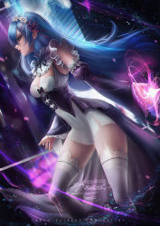 Rule 34 | 1girl, axsen, blue eyes, blue hair, breasts, cleavage, detached sleeves, dress, frills, from side, hair ornament, hair over one eye, hair ribbon, highres, lace, lace-trimmed legwear, lace trim, light particles, long hair, magic, maid, maid headdress, aged up, open mouth, parted lips, pink ribbon, re:zero kara hajimeru isekai seikatsu, red lips, rem (re:zero), ribbon, short hair, signature, solo, thighhighs, white thighhighs, x hair ornament