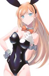 Rule 34 | 1girl, alternate costume, animal ears, black leotard, blue eyes, bow, bowtie, breasts, cleavage, commentary request, cowboy shot, detached collar, gloves, highres, kantai collection, leotard, long hair, medium breasts, orange bow, orange bowtie, orange hair, playboy bunny, rabbit ears, salmon (kancolle), simple background, solo, strapless, strapless leotard, tsukasa (tukasa br), white background, white gloves, wrist cuffs