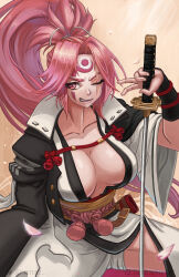 Rule 34 | 1girl, amputee, baiken, big hair, breasts, cherry blossoms, cleavage, eyepatch, facial tattoo, guilty gear, highres, japanese clothes, katana, keeterz, kimono, large breasts, long hair, one-eyed, open clothes, pink hair, ponytail, red eyes, samurai, scar, scar across eye, scar on face, solo, sword, tattoo, weapon