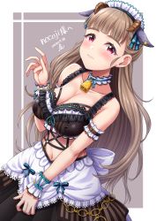 Rule 34 | 1girl, animal ears, apron, arm garter, bell, blue ribbon, blunt bangs, blush, breasts, brown hair, chain, cleavage, closed mouth, collarbone, cow ears, cow horns, cowbell, detached collar, eyebrows, hair ribbon, highres, horns, idolmaster, idolmaster cinderella girls, kamiya nao, large breasts, lips, long hair, looking at viewer, maid headdress, navel, red eyes, ribbon, solo, thick eyebrows, waist apron, white apron, wrist cuffs, yoohi