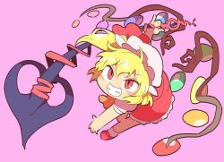 Rule 34 | 1girl, bad id, bad twitter id, blonde hair, flandre scarlet, frilled skirt, frills, full body, grin, hair ribbon, hat, highres, holding, holding weapon, laevatein, mob cap, moyazou (kitaguni moyashi seizoujo), pink background, pinky out, puffy short sleeves, puffy sleeves, rainbow order, red eyes, red footwear, red ribbon, red skirt, ribbon, shoes, short sleeves, simple background, skirt, smile, solo, touhou, weapon, white hat, wings
