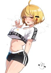 Rule 34 | 1girl, ahoge, ayagi daifuku, bat hair ornament, black shorts, blonde hair, breasts, commentary request, crop top, crop top overhang, hair ornament, highres, hololive, large breasts, looking at viewer, midriff, navel, official alternate costume, open mouth, short hair, short sleeves, shorts, simple background, solo, sports bra, sweat, thighs, virtual youtuber, white background, yellow eyes, yozora mel
