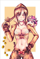 Rule 34 | 1girl, :3, bag, bandana, blush, bow, bow bra, bra, breasts, brown eyes, brown gloves, brown hair, brown headwear, brown jacket, cleavage, closed mouth, coin, commentary request, cowboy shot, creature, creature on shoulder, gloves, hand on own hip, highres, holding, holding bag, jacket, long hair, long sleeves, looking at viewer, medium breasts, midriff, moneybag, nanaya (shohei77), navel, on shoulder, ponytail, ragnarok online, red bow, shrug (clothing), simple background, smile, spore (ragnarok online), thief (ragnarok online), two-tone background, underwear, white background, white bra, yellow background