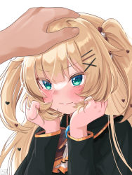 Rule 34 | 1girl, akai haato, akai haato (gothic lolita), aqua eyes, black dress, blonde hair, blush, commentary request, dress, hair ornament, hairpin, head rest, headpat, heart, heart hair ornament, highres, holding, holding own hair, hololive, long hair, long sleeves, looking at viewer, magowasabi, signature, solo focus, twitter username, two side up, virtual youtuber, white background, x hair ornament