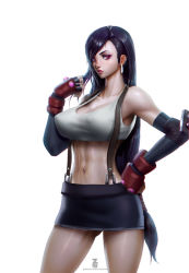 Rule 34 | 1990s (style), 1girl, abs, bad deviantart id, bad id, bare shoulders, black hair, black skirt, boxing gloves, breasts, cleavage, collarbone, cowboy shot, crop top, cropped legs, earrings, elbow gloves, elbow pads, female focus, final fantasy, final fantasy vii, fingerless gloves, gloves, hand on own hip, hand up, jewelry, large breasts, lips, lipstick, long hair, looking at viewer, makeup, midriff, miniskirt, navel, red eyes, retro artstyle, shirt, skirt, solo, suspender skirt, suspenders, tank top, thigh gap, tifa lockhart, toned, very long hair, white shirt, zeronis