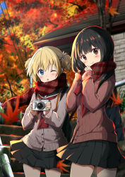 Rule 34 | 2girls, ;o, autumn leaves, bag, black hair, black sailor collar, black skirt, blonde hair, blue sky, blurry, blurry background, blush, brown cardigan, camera, cardigan, chijou noko, chikanoko, closed mouth, commentary request, day, depth of field, flower, hair between eyes, hair flower, hair ornament, hands up, holding, holding camera, leaf, long hair, long sleeves, looking at viewer, maple leaf, multiple girls, one eye closed, outdoors, parted lips, plaid, plaid scarf, pleated skirt, ragho no erika, railing, red neckwear, red scarf, sailor collar, scarf, school bag, school uniform, short twintails, skirt, sky, sleeves past wrists, smile, stairs, standing, stone stairs, twintails, uchino chika, white flower