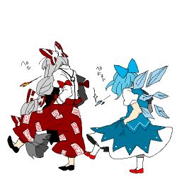 Rule 34 | 19 (plug39), 2girls, back, baggy pants, banchou, blue hair, bow, breath weapon, breathing fire, breathing ice, cirno, delinquent, fire, from behind, fujiwara no mokou, grey hair, hair bow, hands in pockets, ice, lowres, multiple girls, oekaki, pants, spitting, touhou, wings