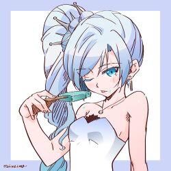 Rule 34 | 1girl, artist name, bare shoulders, blue background, blue eyes, breasts, dress, earrings, food, food on face, hair ornament, jewelry, long hair, meimeimo rwby, multicolored background, necklace, one eye closed, ponytail, popsicle, rwby, scar, scar across eye, small breasts, solo, strapless, strapless dress, tiara, tongue, tongue out, weiss schnee, white background, white dress, white hair