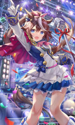 Rule 34 | 1girl, :d, animal ears, arm up, ascot, asymmetrical gloves, black gloves, blue eyes, breasts, brown hair, capelet, commentary request, confetti, epaulettes, gloves, hair ribbon, highres, horse ears, horse girl, horse tail, long hair, long sleeves, medium breasts, microphone, microphone stand, mismatched gloves, multicolored hair, open mouth, pink ribbon, pleated skirt, ponytail, red ascot, red capelet, red ribbon, ribbon, shirt, single epaulette, skirt, smile, solo, stage, stage lights, standing, streaked hair, tail, teeth, tokai teio (umamusume), torino aqua, umamusume, upper teeth only, white gloves, white hair, white shirt, white skirt