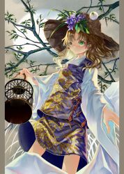 Rule 34 | 1girl, absurdres, birdcage, blonde hair, blue skirt, blue vest, branch, brown background, cage, cowboy shot, embellished costume, floral print, flower, gold trim, green eyes, hat, hat flower, highres, holding, holding cage, long sleeves, looking at viewer, medium hair, moon, moriya suwako, pillarboxed, plant, purple flower, shirt, skirt, skirt set, solo, standing, straw hat, touhou, vest, white shirt, zhu xiang