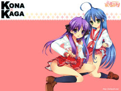 Rule 34 | 00s, ahoge, blue hair, bra, clothes lift, green eyes, hair ribbon, hiiragi kagami, izumi konata, lingerie, long hair, lucky star, mole, no panties, purple eyes, purple hair, ribbon, school uniform, shirt lift, skirt, skirt lift, tagme, twintails, underwear, very long hair