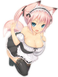 Rule 34 | 1girl, animal ears, bare shoulders, black thighhighs, blue eyes, breasts, cleavage, fang, fox ears, fox tail, kabocha head, looking at viewer, open mouth, original, pink hair, ponytail, simple background, slit pupils, smile, solo, tail, thighhighs, tray, waitress