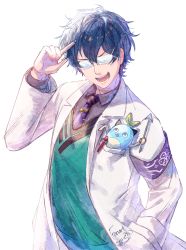 Rule 34 | 1boy, :d, arm up, black shirt, blue hair, collared shirt, commentary request, diagonal-striped clothes, diagonal-striped neckwear, facing viewer, glasses, glint, green vest, hair between eyes, hand in pocket, highres, ittokyu, lab coat, leos vincent, long sleeves, male focus, necktie, nijisanji, opaque glasses, open clothes, open mouth, polearm, shirt, signature, simple background, smile, solo, spear, striped clothes, striped necktie, striped neckwear, v-shaped eyebrows, vest, virtual youtuber, weapon, white background