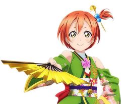 Rule 34 | 1girl, angelic angel, artist name, artist request, back bow, bare shoulders, bell, blush, bow, female focus, floral print, green eyes, green kimono, hair between eyes, hair ornament, hair stick, hand fan, hand on own hip, holding, holding fan, hoshizora rin, japanese clothes, kimono, looking at viewer, love live!, love live! school idol project, orange hair, parted lips, red bow, ribbon, ribbon legwear, sash, short hair, smile, solo, white background, white legwear, yellow eyes, yellow ribbon