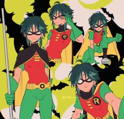 Rule 34 | 1boy, bat wings, black hair, closed mouth, cosplay, facial mark, forehead mark, genshin impact, gloves, green gloves, green hair, half mask, highres, holding, holding polearm, holding weapon, looking at viewer, male focus, mask, milkbeann, multicolored hair, polearm, robin (dc), robin (dc) (cosplay), short sleeves, solo, superhero costume, weapon, wings, xiao (genshin impact), yellow background, yellow eyes