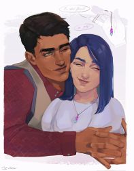 Rule 34 | 1boy, 1girl, arcane: league of legends, arcane caitlyn, arcane jayce, blue hair, brown eyes, caitlyn (league of legends), closed eyes, dark-skinned male, dark skin, facing viewer, grey shirt, grey vest, highres, holding, holding jewelry, holding necklace, hug, jayce (league of legends), jewelry, league of legends, long sleeves, looking at another, medium hair, necklace, nic (attckher), one eye closed, parted lips, red shirt, shirt, short hair, smile, speech bubble, teeth, vest